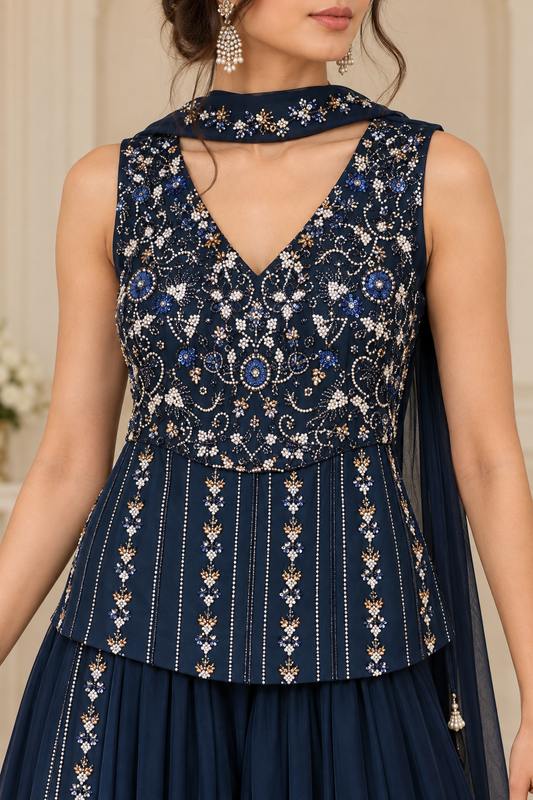Navy Blue Embroidered Sharara Set with Adjustable Lace-Up Back