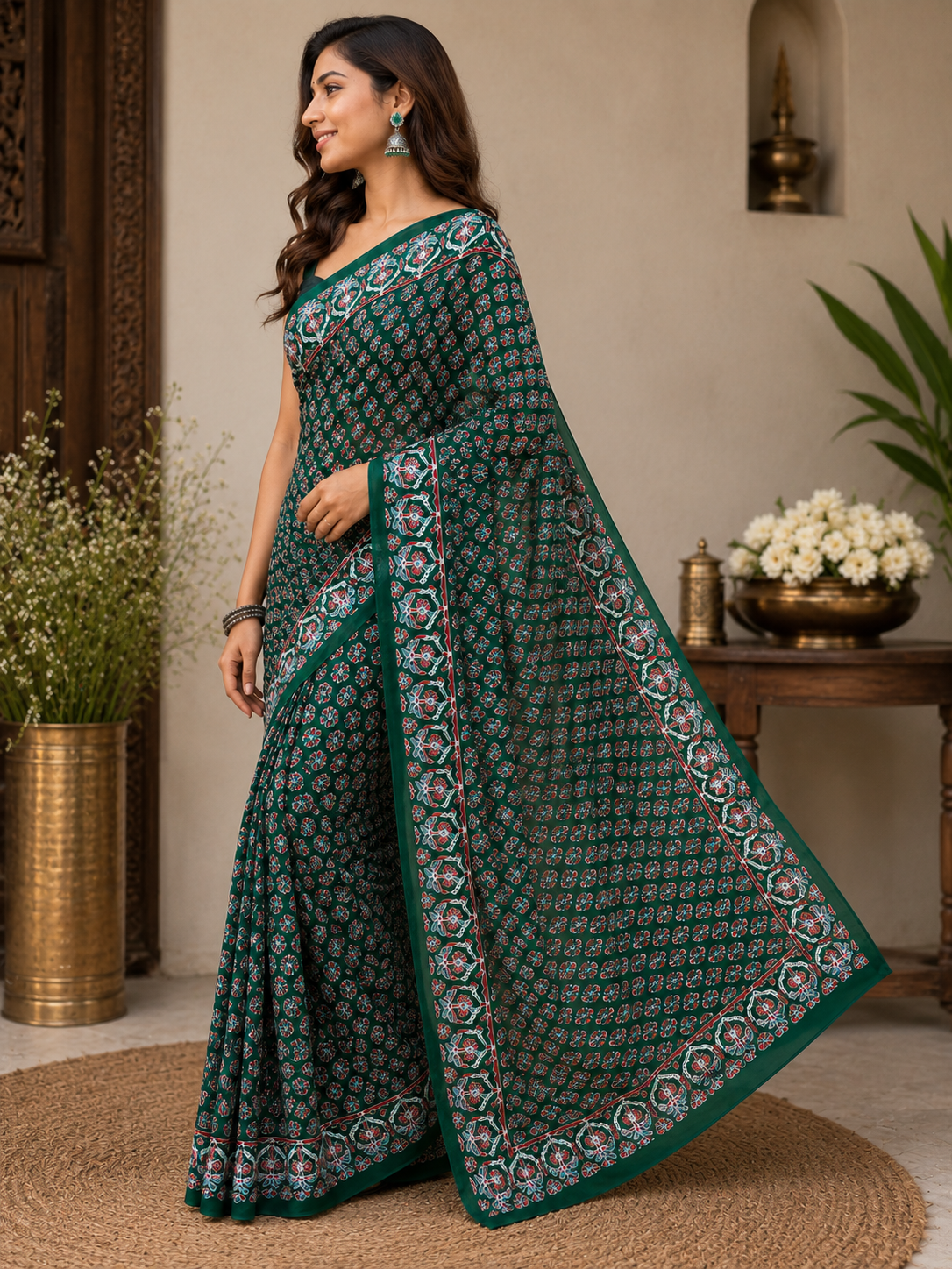 Emerald Green Floral Printed Saree