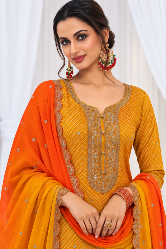 Mustard Gold & Orange Embroidered Salwar Kameez Set with Dupatta