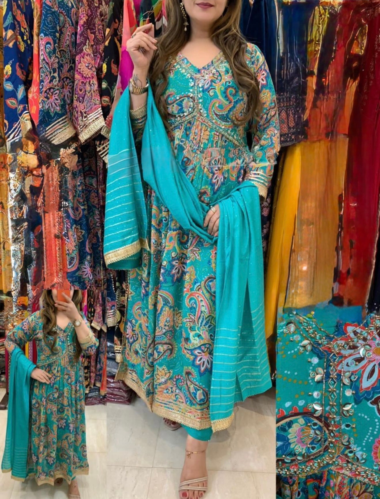 Elegant printed Anarkali suit with golden lace