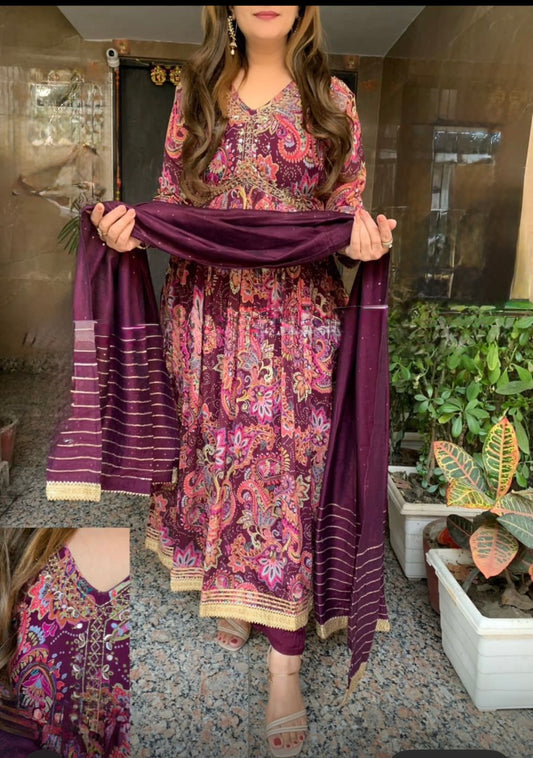 Elegant printed Anarkali suit with golden lace