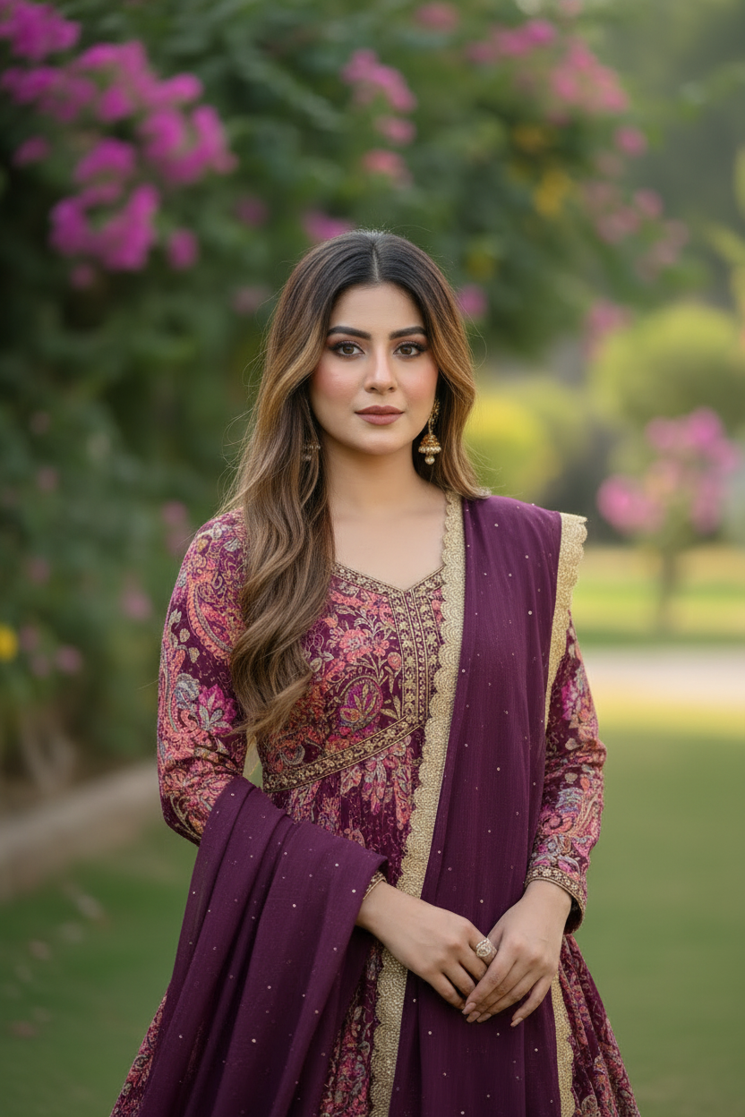 Elegant printed Anarkali suit with golden lace