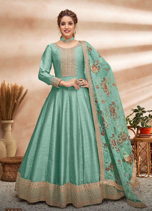 Dori Embroidered Art Silk Dusty Jade Green Anarkali Suit