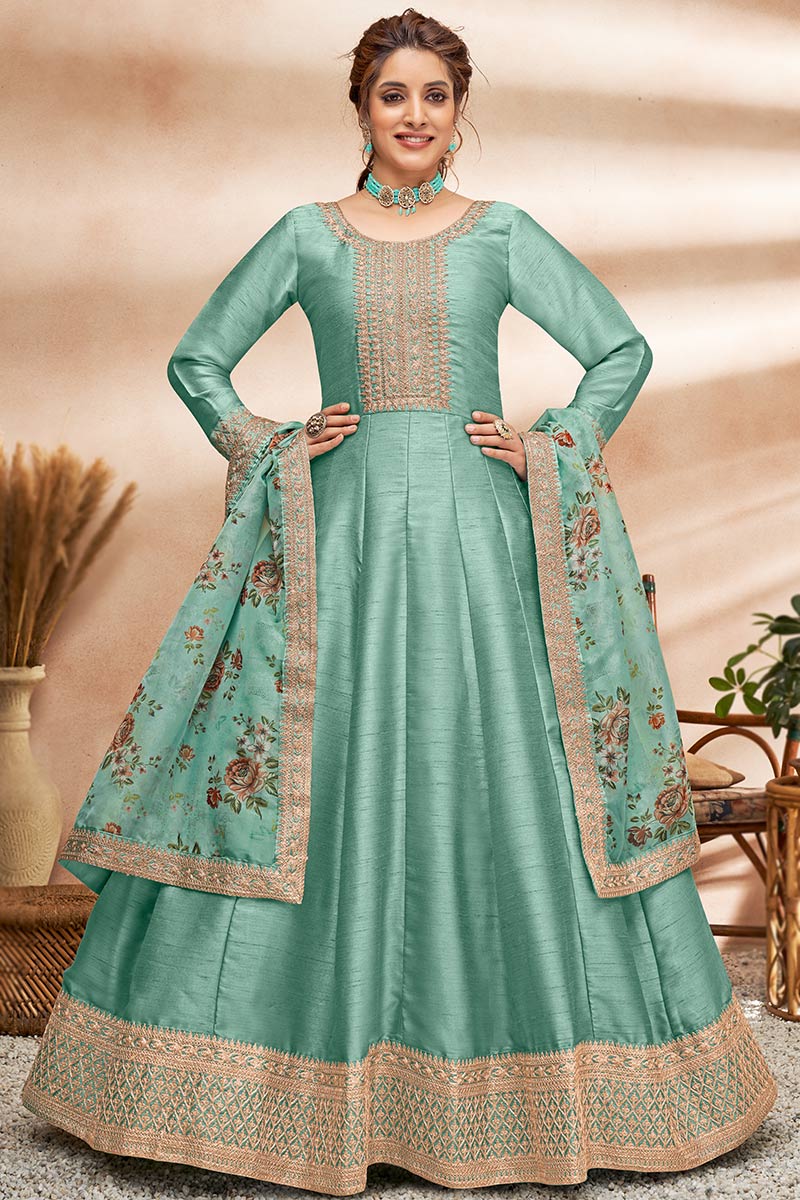 Dori Embroidered Art Silk Dusty Jade Green Anarkali Suit