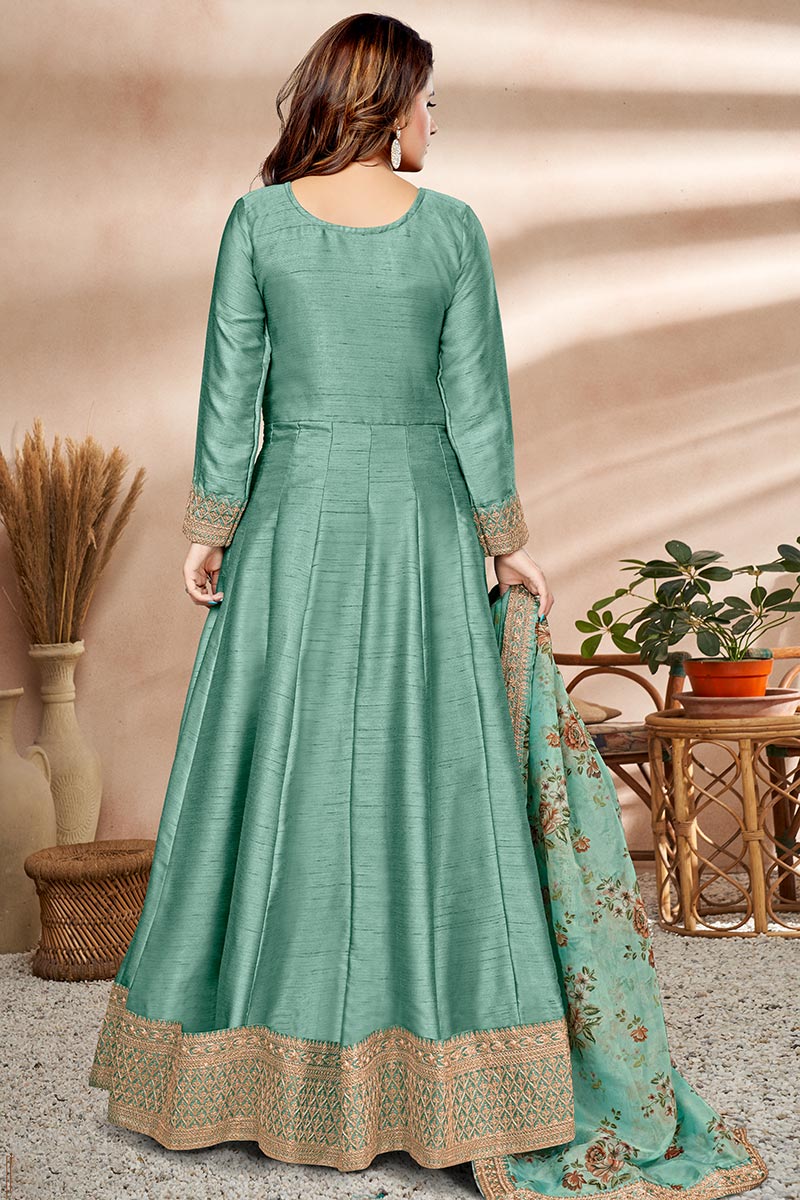 Dori Embroidered Art Silk Dusty Jade Green Anarkali Suit