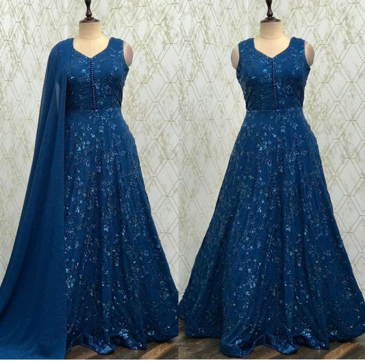Dark Sapphire Blue Kashmiri Mughal Style Embroidered Party Gown