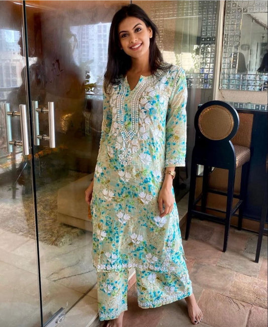 Embroidered Cotton Lucknowi Chikankari Co Ord Set