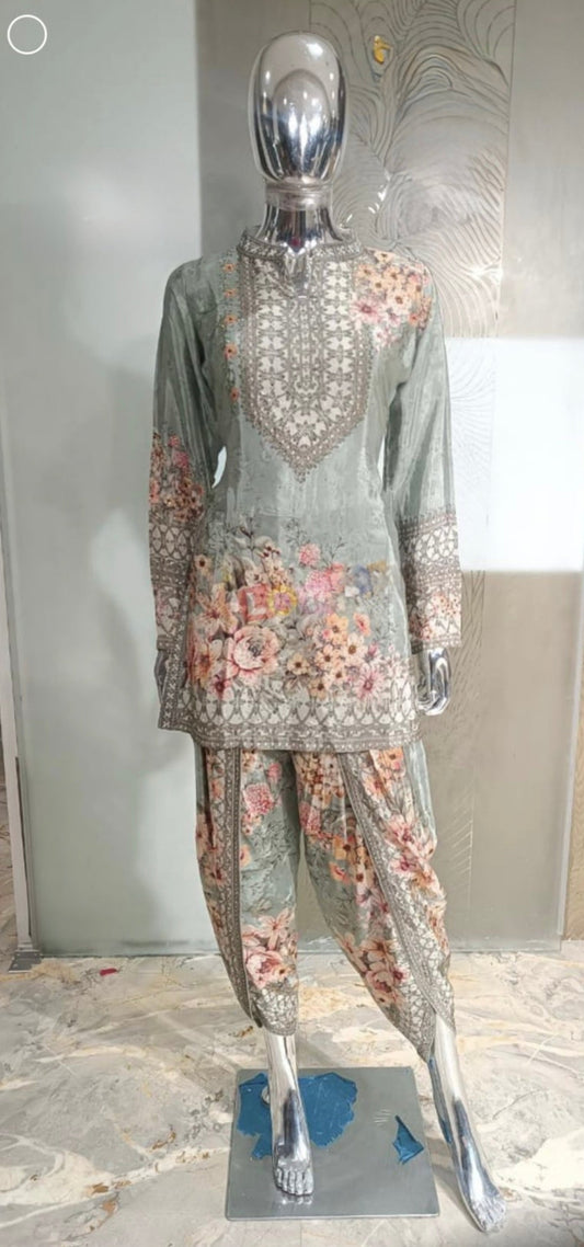 Floral gray kurta dhoti set