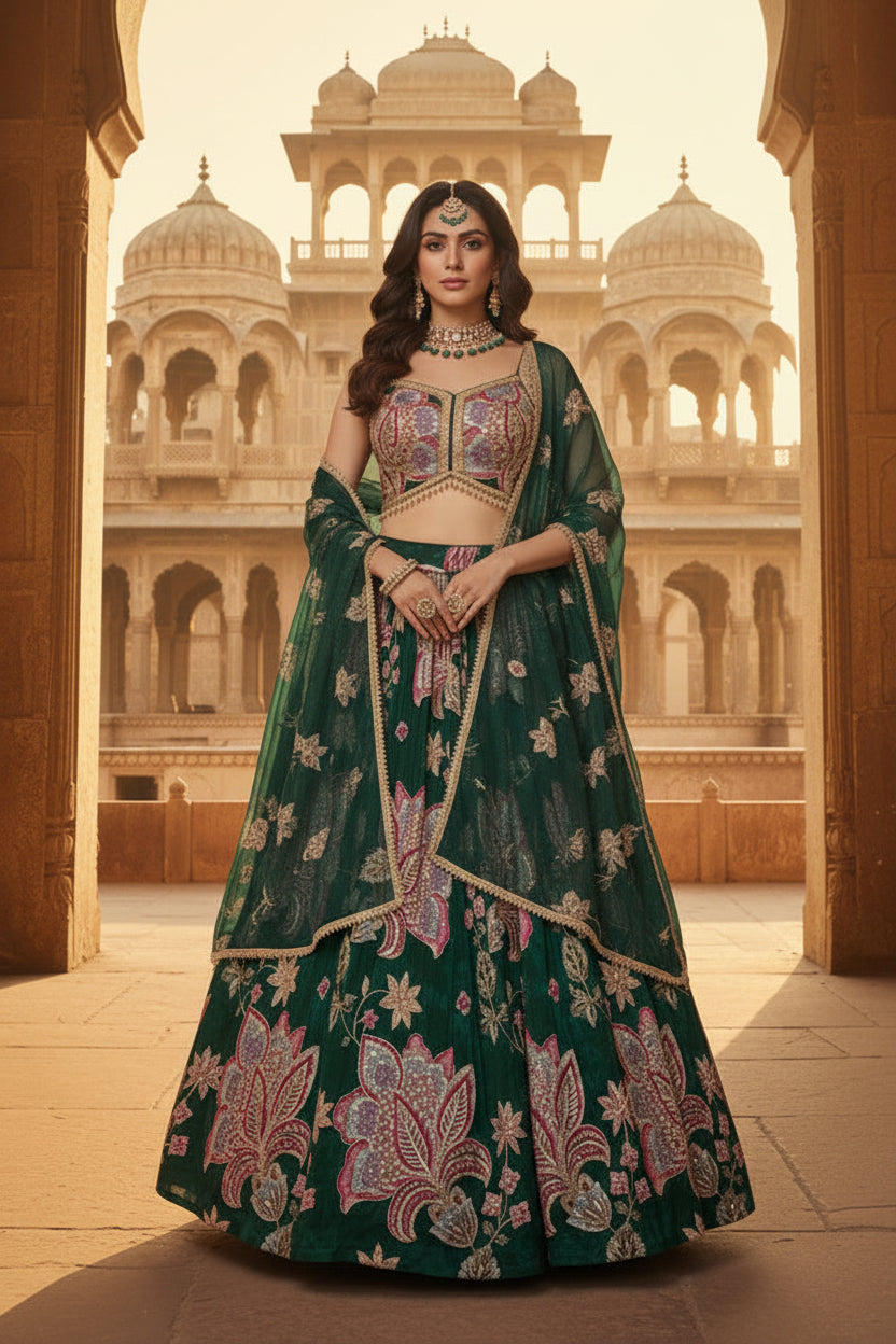 Exquisite Forest Green Georgette Lehenga Set