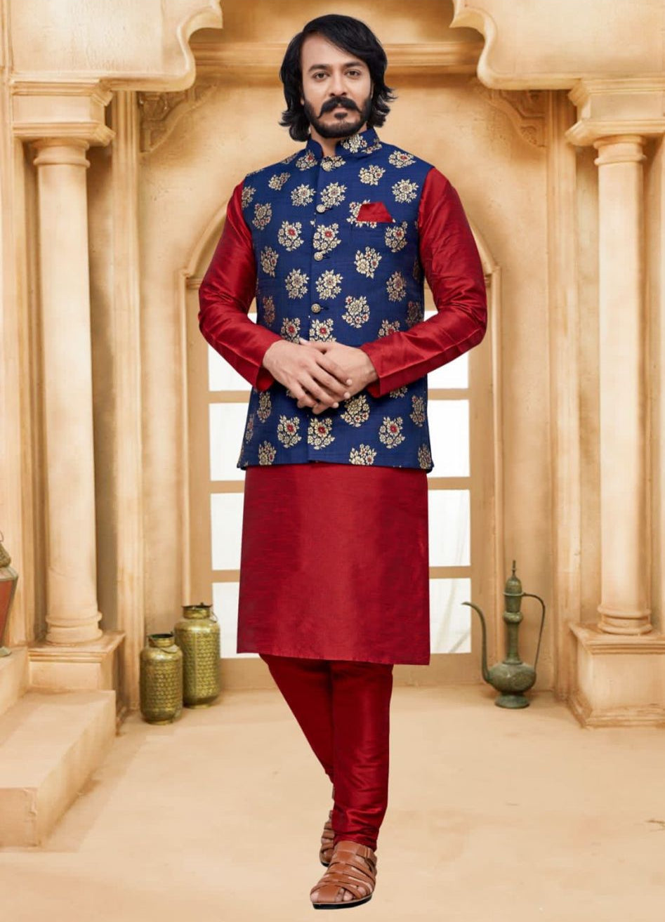 Red Kurta Churidar Set with Art Silk  Blue Floral Jacket