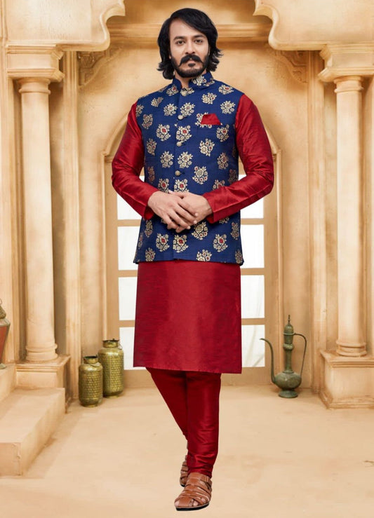 Red Kurta Churidar Set with Art Silk  Blue Floral Jacket