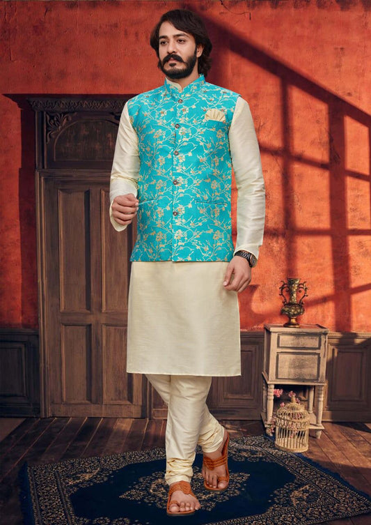 Cream Kurta Churidar Set with Art Silk Teal Blue Floral Jacket
