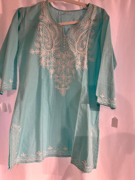 Embroidered light blue cotton short kurti