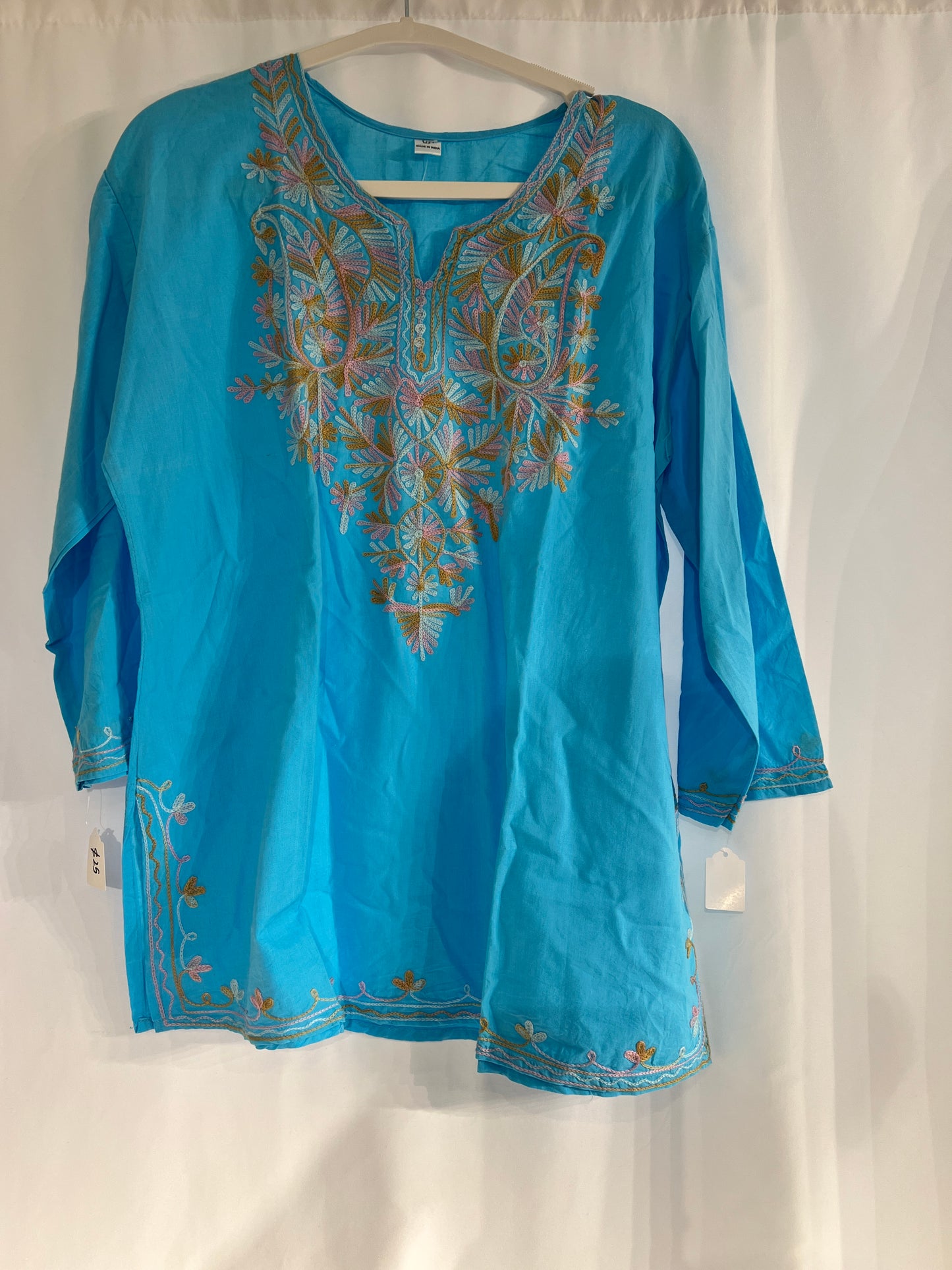 Embroidered blue cotton short kurti