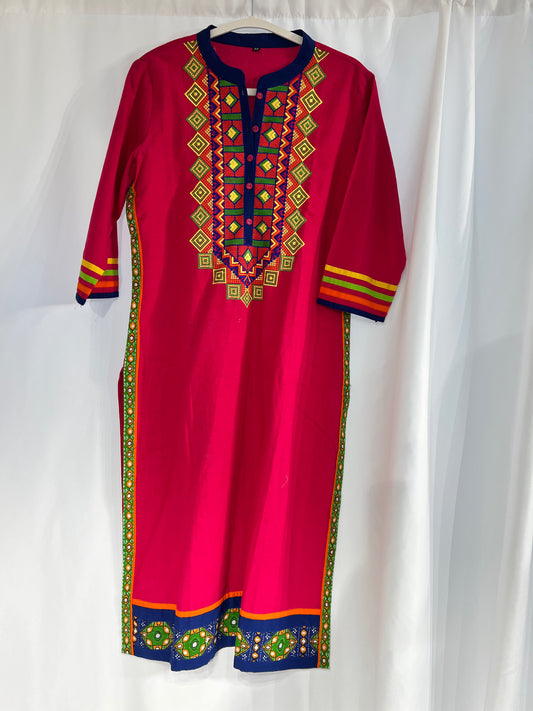 Embroidered red cotton long kurti