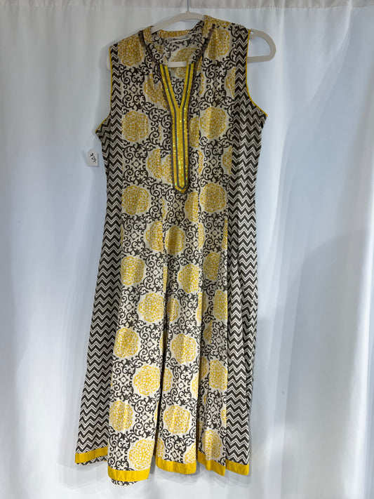 Printed yellow black cotton long kurti
