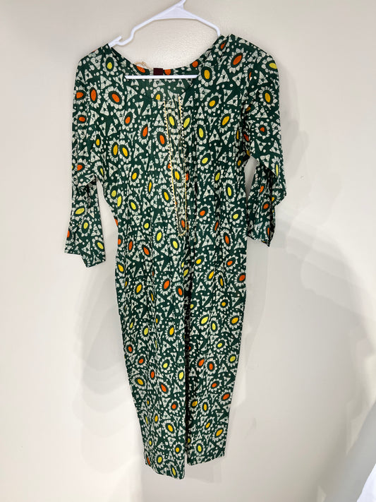 Printed green cotton long kurti