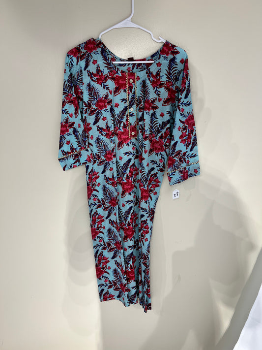 Printed light blue cotton long kurti