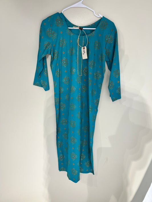 Printed blue cotton long kurti
