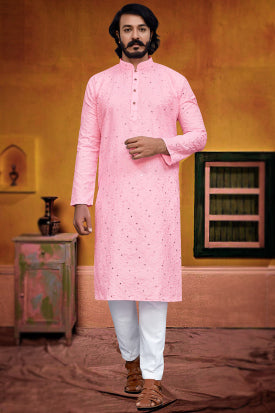 Light pink mirror work Kurta Churidar Set Art Silk