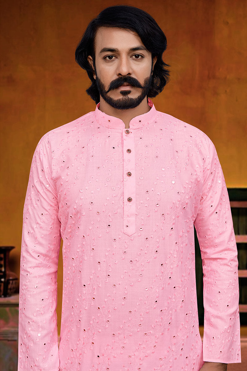 Light pink mirror work Kurta Churidar Set Art Silk