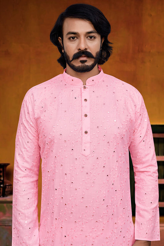 Light pink mirror work Kurta Churidar Set Art Silk