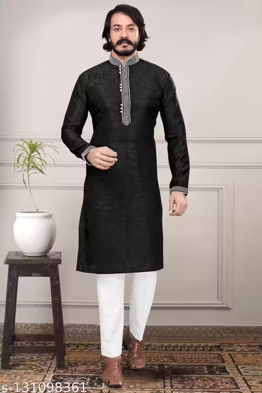 Black Jacquard Kurta with White Cotton Pajama Set