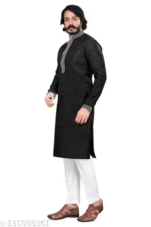 Black Jacquard Kurta with White Cotton Pajama Set