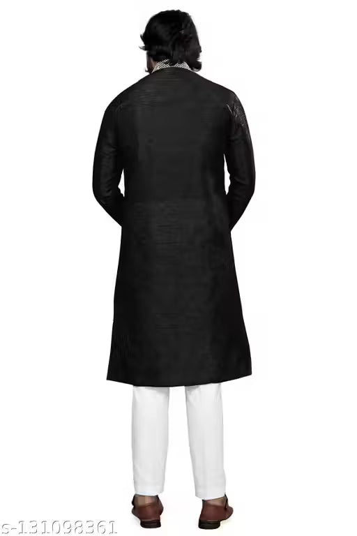 Black Jacquard Kurta with White Cotton Pajama Set