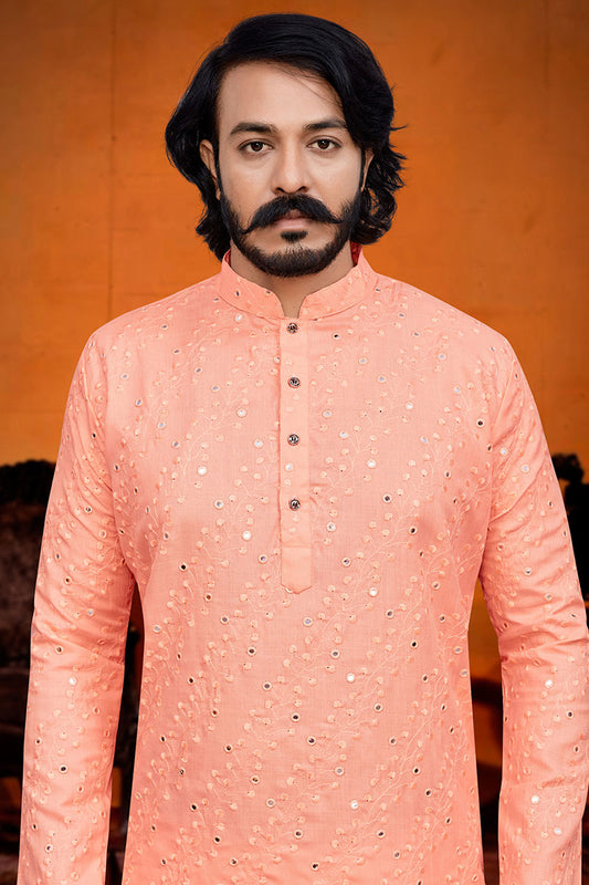 Light peach mirror work Kurta Churidar Set Art Silk