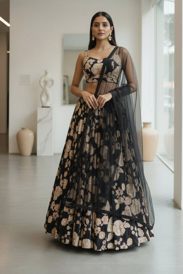 Black Flowery Lehanga with crop top