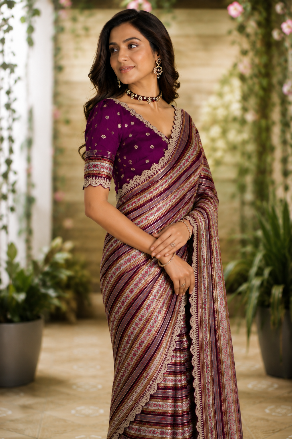 Elegant Maroon & Plum Printed Saree