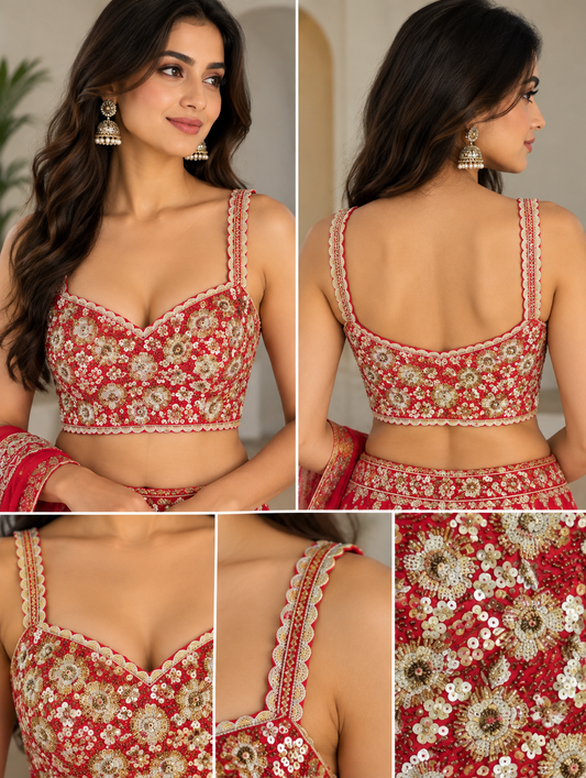 Adjustable Red Floral Embroidered Blouse