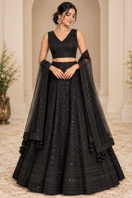 Embroidered Lehenga Set with Sheer Dupatta