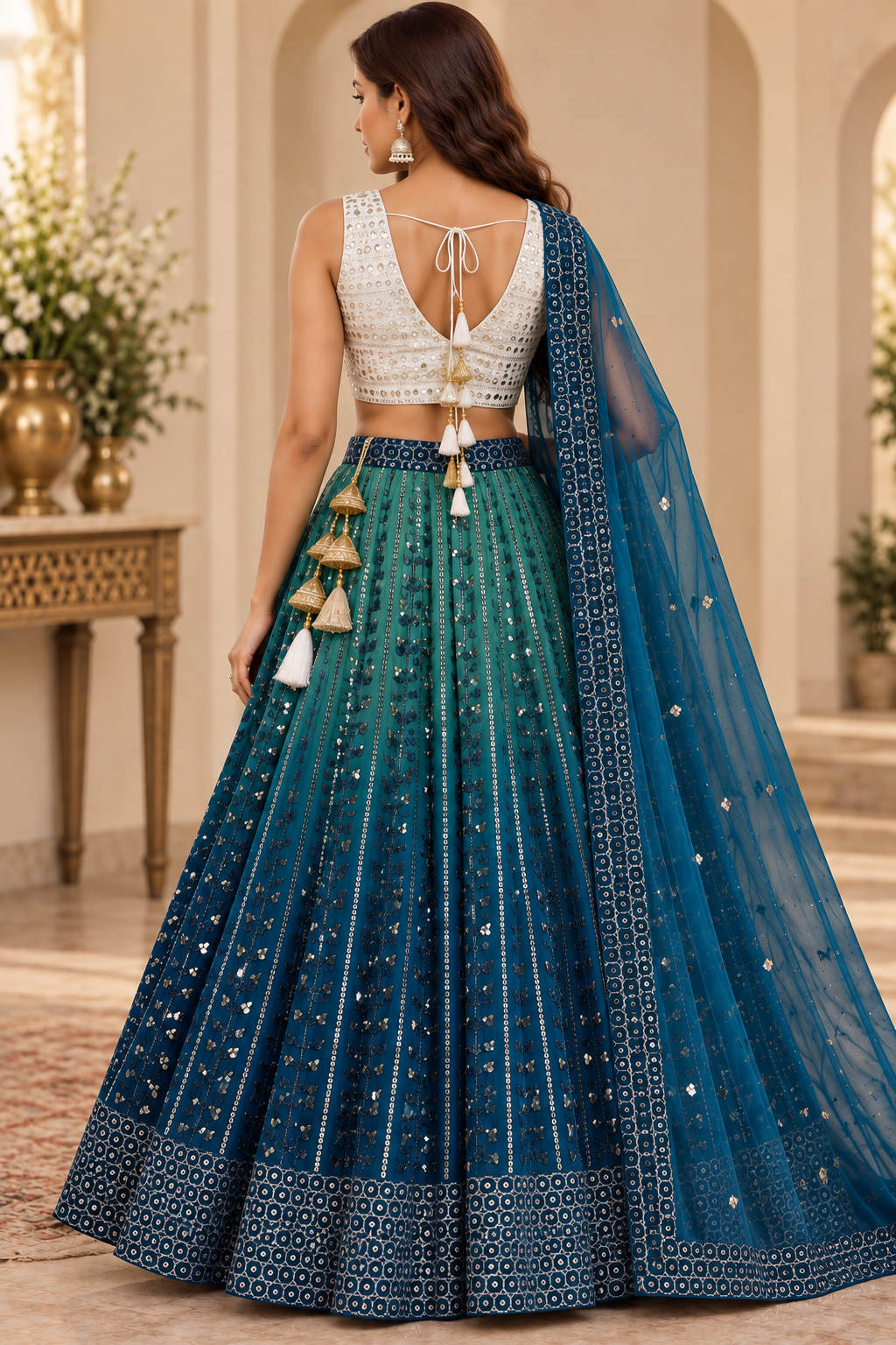 Teal & Blue Mirror Work Lehenga Set
