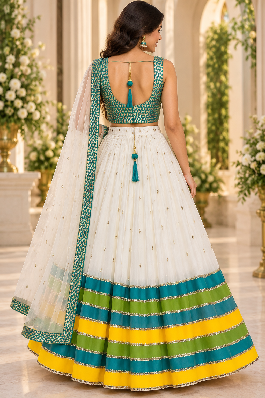 Teal & Ivory Embroidered Lehenga Set with Multicolor Border