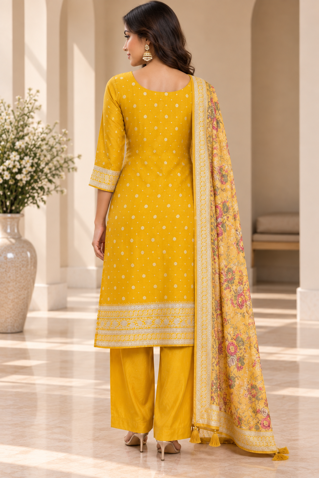 Mustard Yellow Embroidered Kurta Pant Set with Floral Dupatta