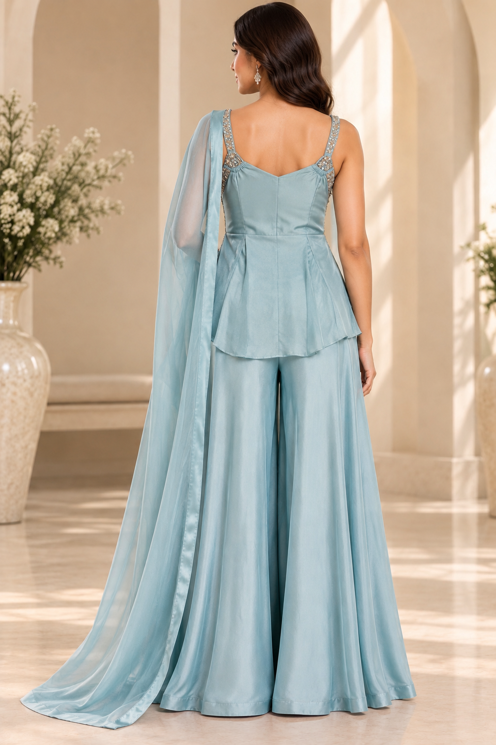 Pastel Ice Blue Embroidered Palazzo Set with Sequined Crop Top & Dupatta