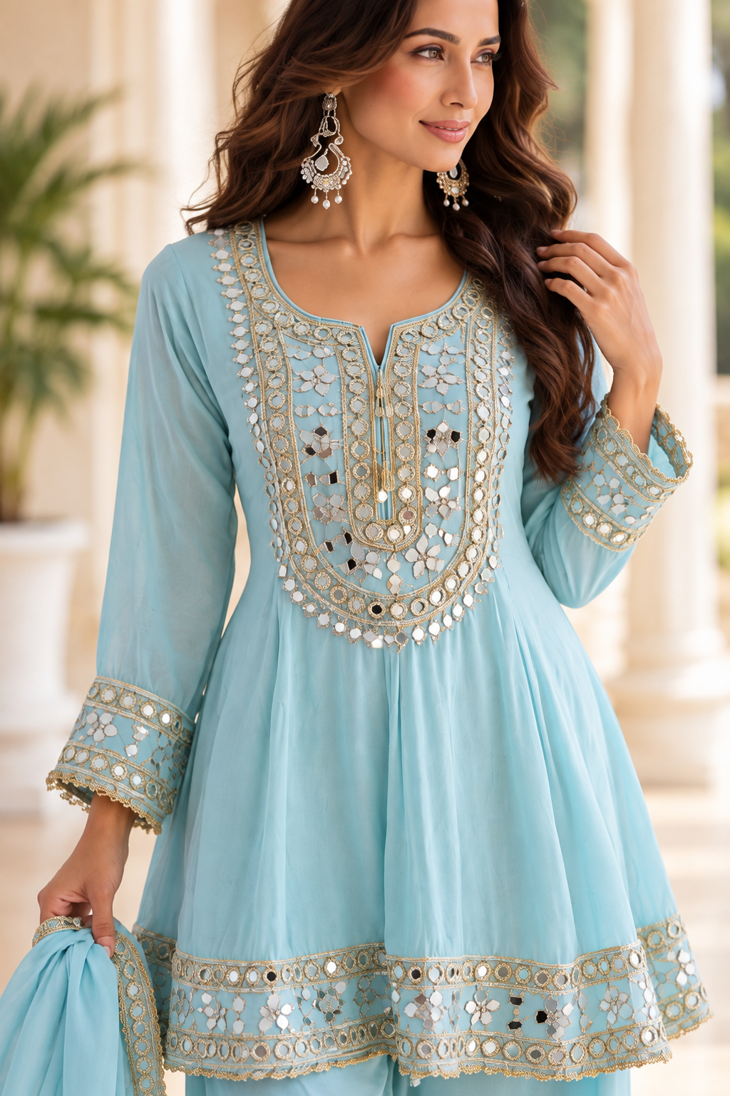 Aqua Blue Mirrorwork Embroidered Palazzo Suit with Dupatta