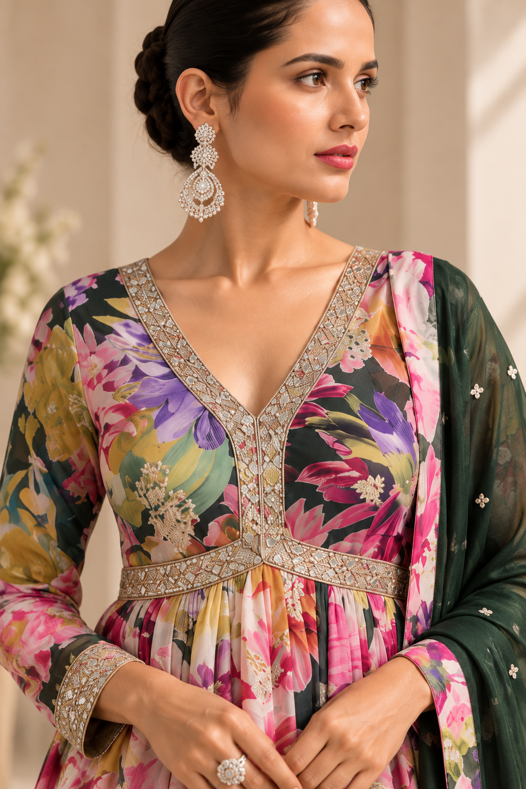 Green Floral Printed Anarkali Suit Set with Dupatta