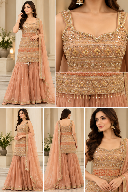 Peach Rose Gold Embroidered Sharara Set with Matching Dupatta