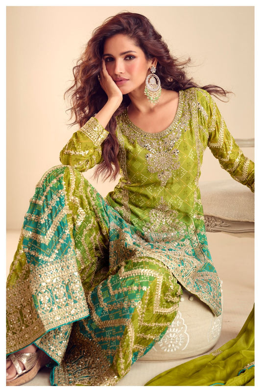 Chic green and olive chinon palazzo suit