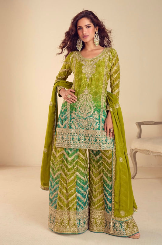 Chic green and olive chinon palazzo suit