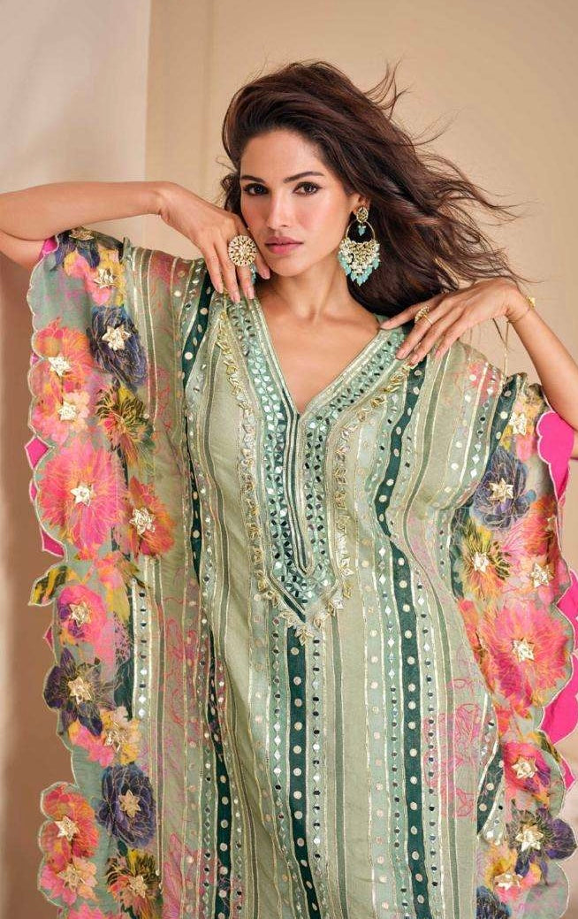 Embroidered Sea Green Kaftan Style Suit