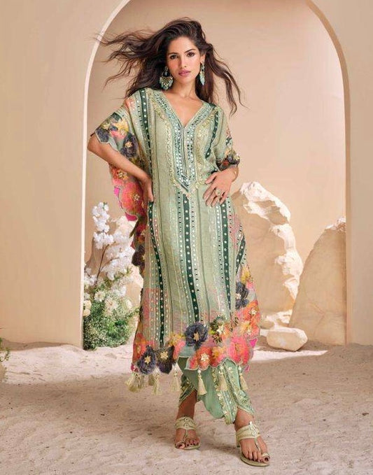 Embroidered Sea Green Kaftan Style Suit