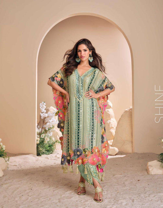 Embroidered Sea Green Kaftan Style Suit