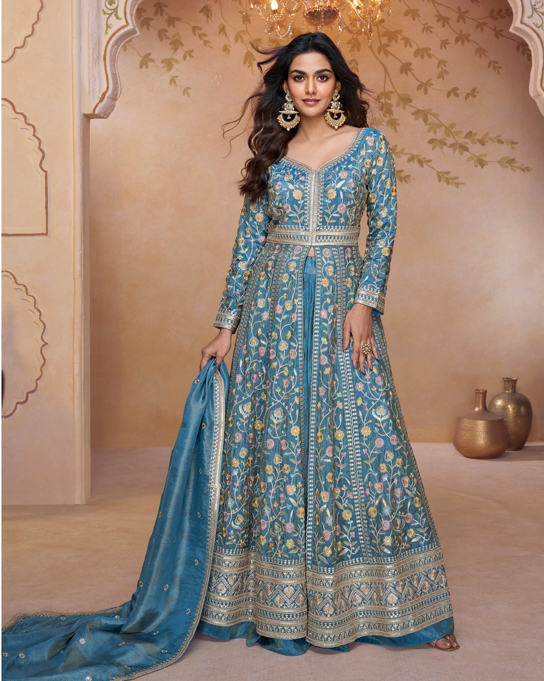 Blue Simar Silk Anarkali Lehenga Suit