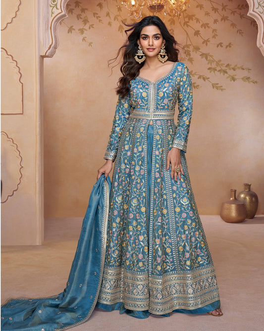 Blue Simar Silk Anarkali Lehenga Suit