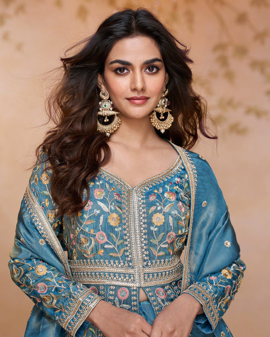 Blue Simar Silk Anarkali Lehenga Suit