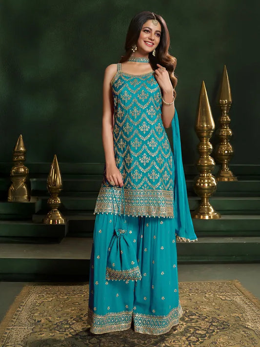 Aqua georgette sharara kurti set
